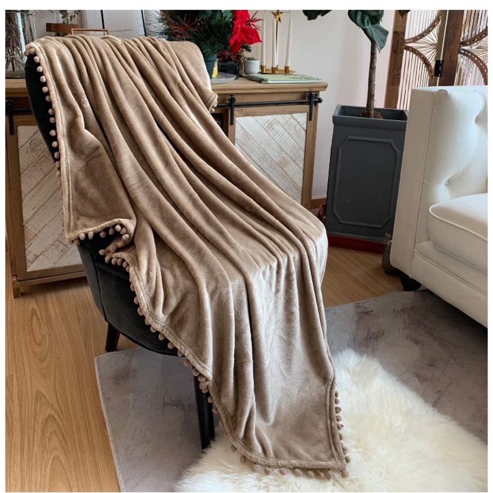 Navy Blue Pompom Fringe Chic Cozy Soft Throw Blanket/Cover - Picture 12 of 16